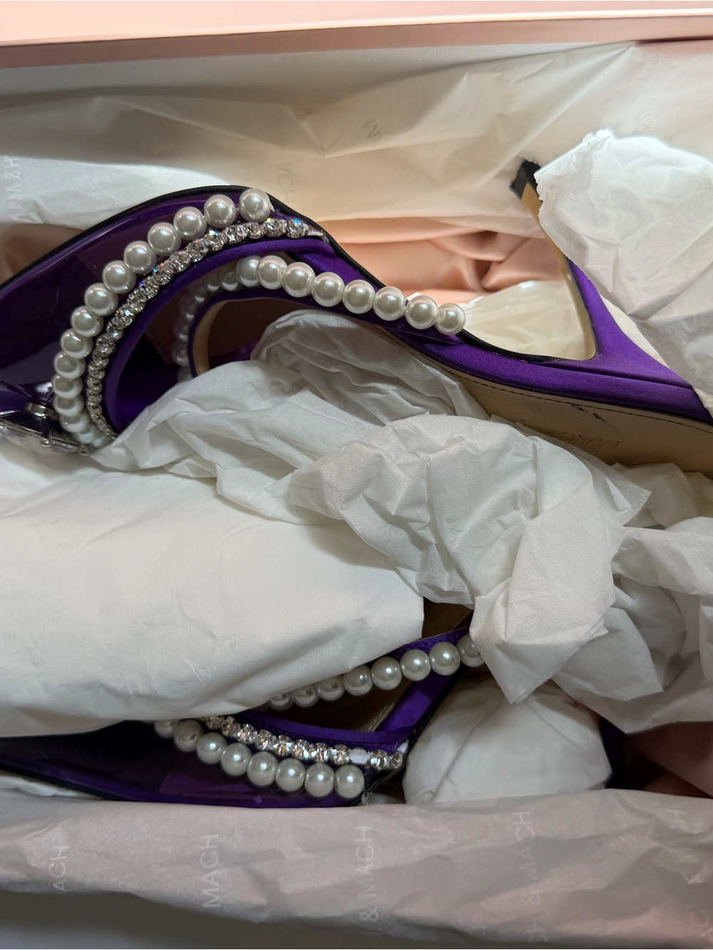 MACH & MACH Purple Satin Heels with Pearls and Crystals